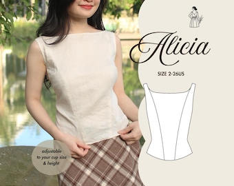 Peut inclure: Un haut sans manches de couleur crème avec une encolure bateau. L'image comprend le texte "Alicia" et "SIZE 2-26US". Un schéma du haut est également affiché. Le haut est associé à une jupe à carreaux marron.