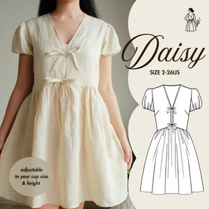 Patrón de vestido babydoll DAISY / de lino con lazo al frente, manga abullonada, inspirado en GANNI, tallas grandes