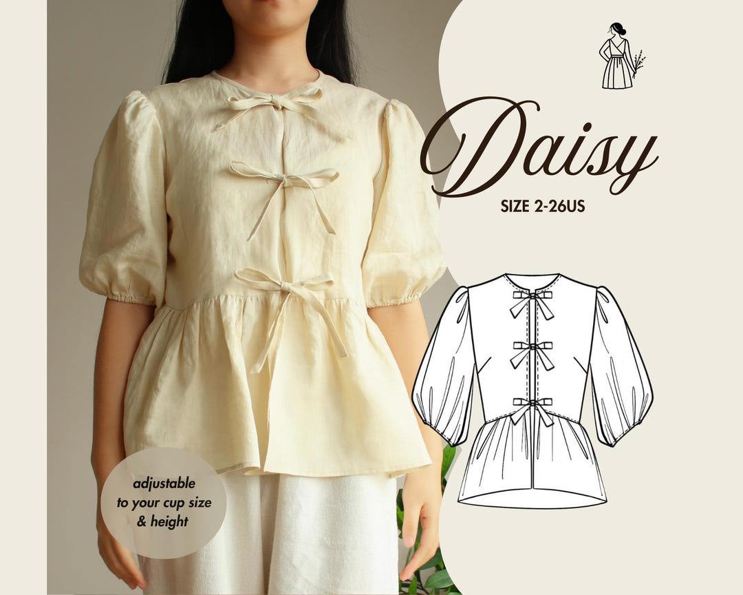 DAISY | Linen Tie Front Top & Dress PDF Sewing Pattern, Puff Sleeve ...