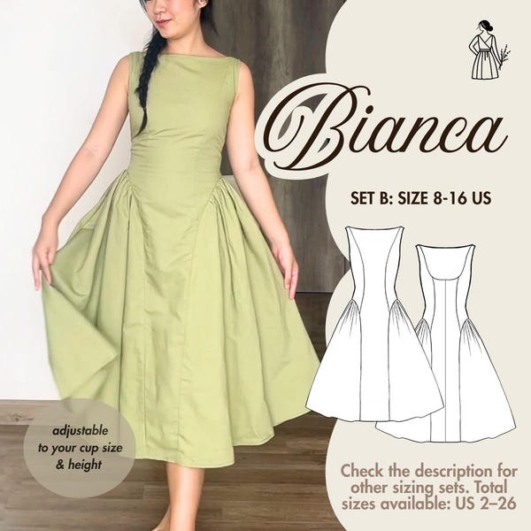 BIANCA | Bridesmaid Dress Pattern, Flowy Midi Drop Waist | Sizing Set B: US 8-16