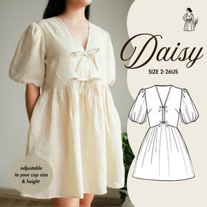 MADELIEFJE | Linnen babydolljurk met pofmouwen pdf naaipatroon, stropdas voorkant, cottagecore, zomer lente, grote maten, aangepaste cupmaat