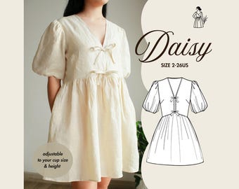 DAISY | Linen Puff Sleeve Babydoll Dress PDF Sewing Pattern, Tie Front, Cottagecore, Summer Spring, Plus Size, Custom Cup Size