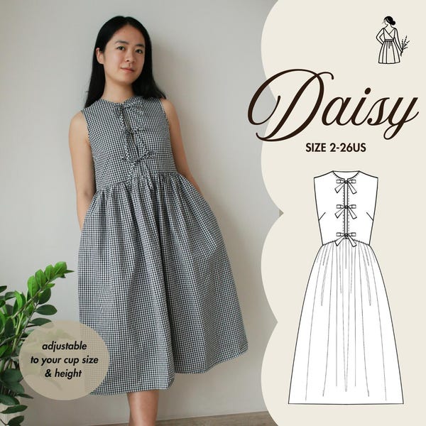 DAISY | Ärmlös midiklänning med knyt fram PDF-sömnadsmönster. Storlek inkluderande. Anpassade kupor.
