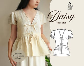 DAISY | Tie Front Babydoll Blouse PDF Sewing Pattern, Puff Sleeve Linen Top, Summer Plus Size Top, Custom Fit, Cottagecore Style