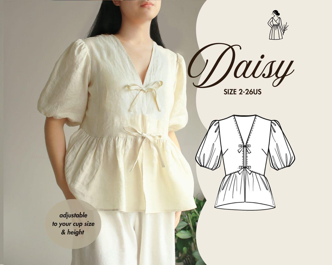 DAISY | Linen Puff Sleeve Tie Front Top V Neck Blouse PDF Sewing ...