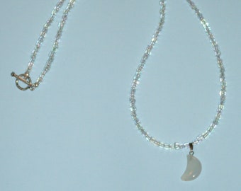 Crescent Moon necklace: milky white agate new moon on glass beaded necklace