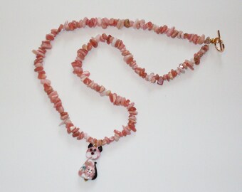 Kitty in Pink: necklace of pink opal and rhodonite with lampwork glass cat
