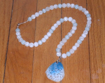 Snow Queen's Dream: blue and white necklace with lacy agate pendant and beads of quartz and crackle glass