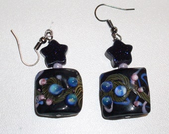 Celestial Visions earrings: black lampwork glass and blue goldstone
