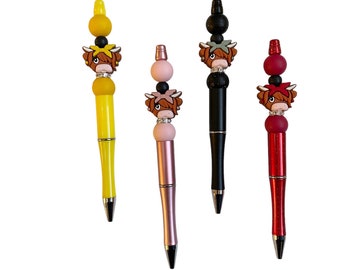 Penna della mucca delle Highland / Penna della mucca / Penna con perline in silicone / Set regalo della mucca delle Highland / Perline della mucca delle Highland / Regalo dell'insegnante / Regalo per lei