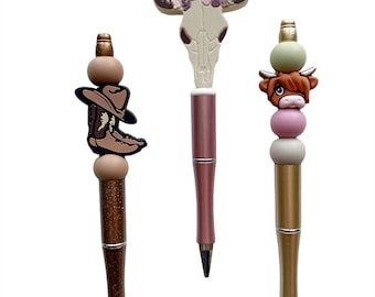 Pen Set / Western Pen Set / Highland Cow / Cow Skull / Cowboy Boots / Silicone Beaded Pen Set