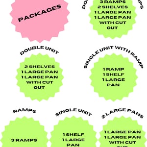 May include: Diagram showing different package options for a product. The options include single and double units with varying quantities of ramps, shelves, and large pans. The text "PACKAGES" is displayed in a pink starburst.