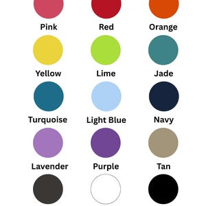 May include: A color chart with 12 different colors, including pink, red, orange, yellow, lime, jade, turquoise, light blue, navy, lavender, purple, tan, grey, white, and black.