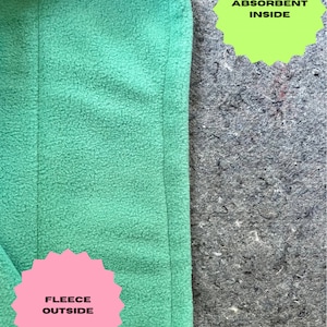 May include: A close-up of a green fleece fabric with the text "FLEECE OUTSIDE" on a pink starburst sticker. The fabric is sewn to a gray fabric with the text "ABSORBENT INSIDE" on a green starburst sticker.