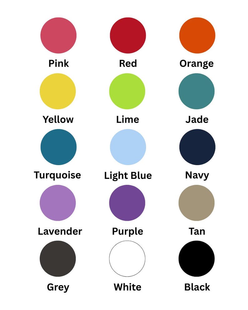 May include: A color chart with 12 different colors, including pink, red, orange, yellow, lime, jade, turquoise, light blue, navy, lavender, purple, tan, grey, white, and black.