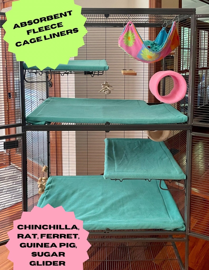 May include: A multi-tiered cage with a variety of accessories, including a hammock, a tunnel, and several platforms. The cage is designed for small animals such as chinchillas, rats, ferrets, guinea pigs, and sugar gliders. The cage liners are absorbent and made of fleece.