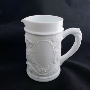 Vintage White Milk Glass Pitcher with Embossed Grape Vines