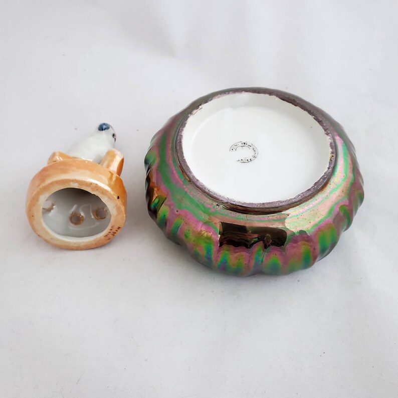 Vintage Lusterware Parrot Flower Frog and Bowl Set