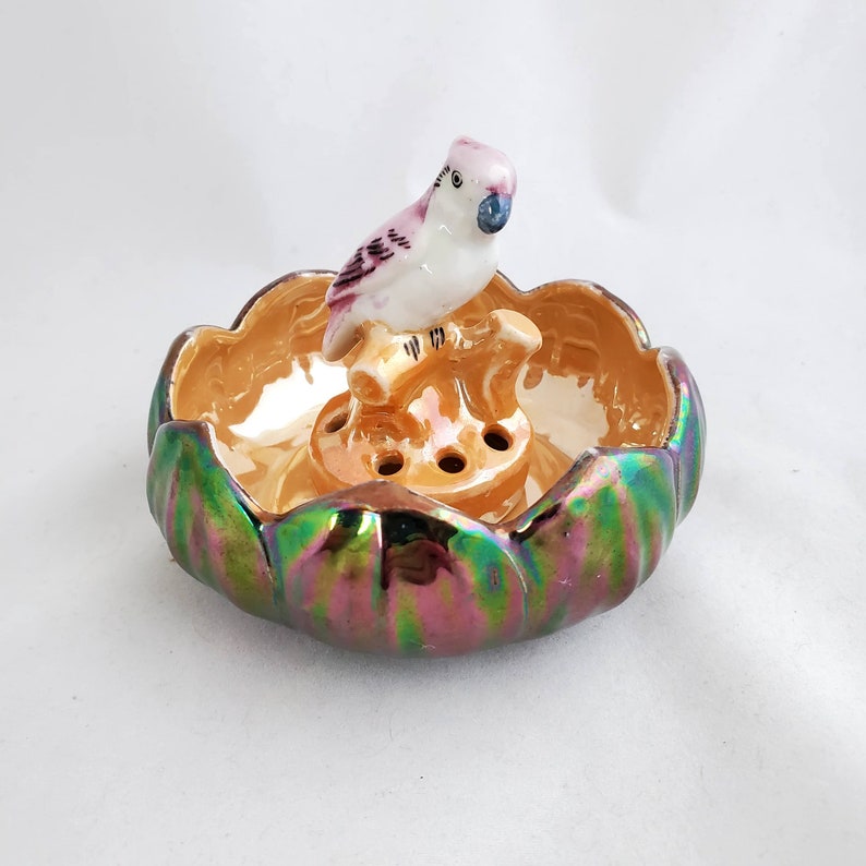Vintage Lusterware Parrot Flower Frog and Bowl Set