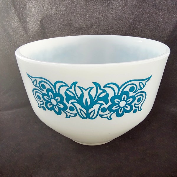 Vintage Federal White Milk Glass and Teal Blue Tulip Scroll Floral 1 1/2 Quart Mixing Bowl