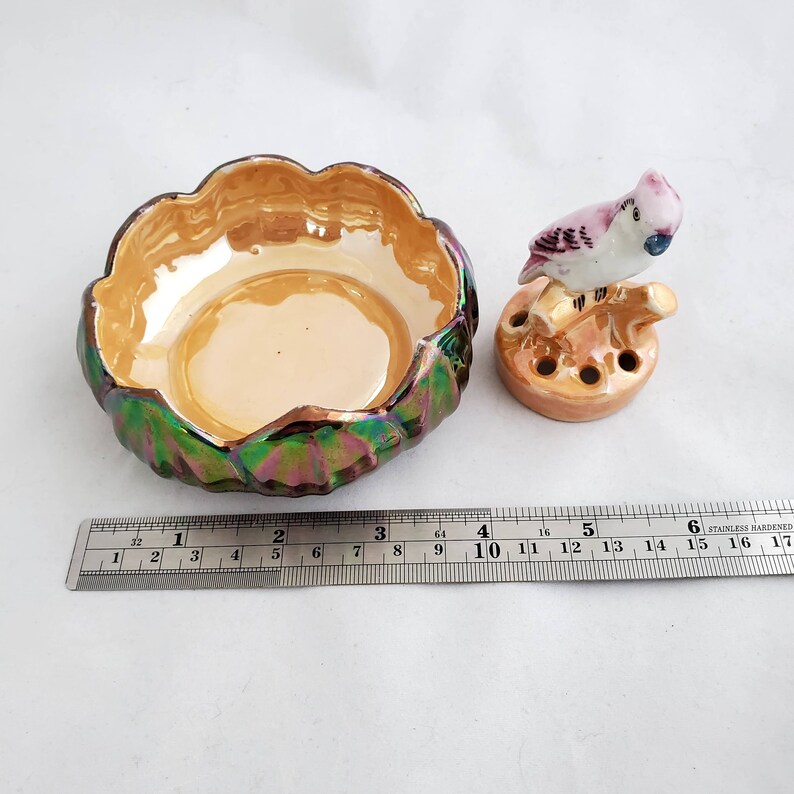Vintage Lusterware Parrot Flower Frog and Bowl Set