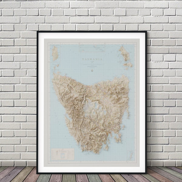 Tasmania Vintage Style Topography Map | Minimalist Shaded Relief Map dated 1967