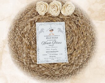 Charrito-Taufeinladung, bearbeitbare silberne Karte (digitaler Download)