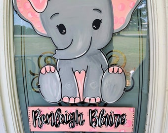 Pink Baby Girl Baby Elephant Birth Announcement Door Hanger