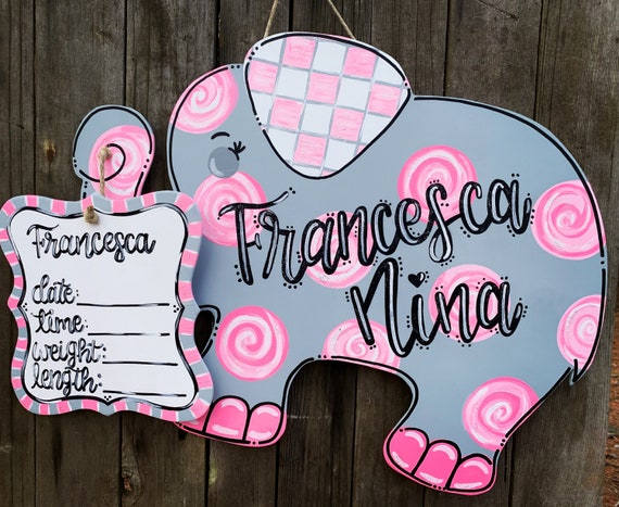 Personalized Pink Elephant Door Hanger