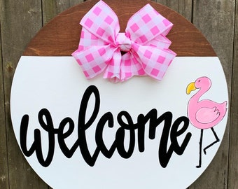 Welcome Flamingo Door Hanger Sign