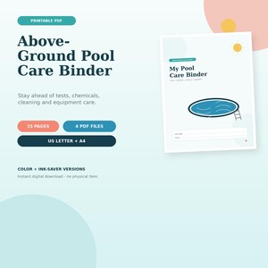 Puede incluir: Un archivador imprimible para el cuidado de piscinas sobre suelo con 15 páginas en 4 archivos PDF en tamaños US Letter y A4. La portada muestra el texto My Pool Care Binder con un gráfico de una piscina azul y un icono de sol amarillo.