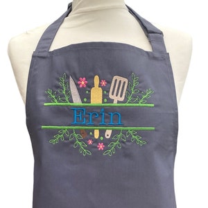 Dark Grey Embroidered Bib Apron, Personalised Full Length, Cooking Kitchen Baking Gift for Mum