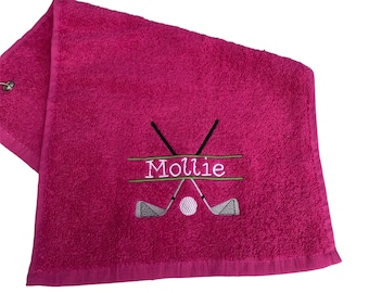 Ladies Personalised Embroidered Golf Towel, Golfing Gift for Her, Custom Towel With Name, Carabiner Clip, Pink Towel for Girl Golf Bag,