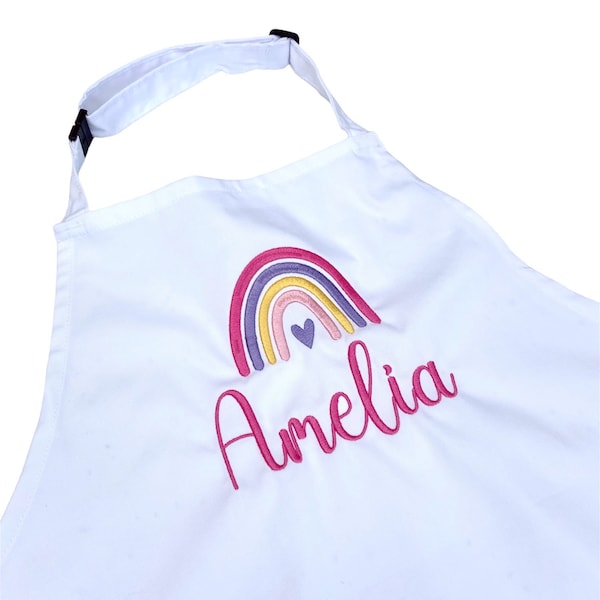 Kids Rainbow Embroidered Apron, Personalised Children's Cooking Apron, White Bib, Play Kitchen Accessories, Little Chef Gift,