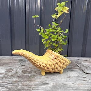 May include: A yellow ceramic planter shaped like a cornucopia with a small plant growing inside. The planter has a textured surface that resembles woven straw.