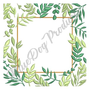 May include: A gold frame with a white background surrounded by green leaves. The leaves are in various shades of green and are arranged in a random pattern.