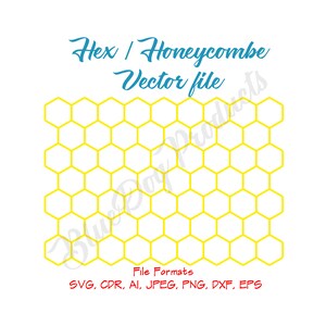 May include: A digital file of a honeycomb pattern in yellow on a white background. The file formats included are SVG, CDR, AI, JPEG, PNG, DXF, and EPS.