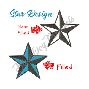 May include: Two five-pointed stars, one filled in black and white, the other filled in black and blue. The text "Star Design" is above the stars. The text "None Filled" and "Filled" are next to the stars with arrows pointing to them.