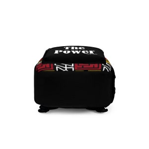 May include: Black backpack with a red, yellow, and black patterned bottom. The top of the backpack has the text "The Power" in white.
