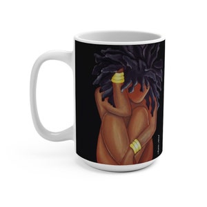 May include: White ceramic mug with a black background and a colorful illustration of a woman with dark hair and gold bracelets. The woman is sitting with her arms wrapped around her legs.