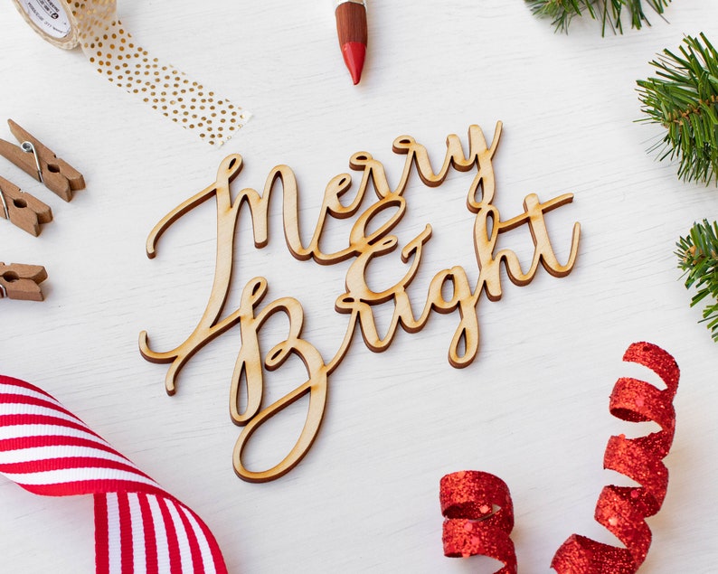 Wall Decor Wreath Supplies Merry and Bright Script Wood Word Cutout Unfinished Christmas Words Wood Holiday DIY Project
