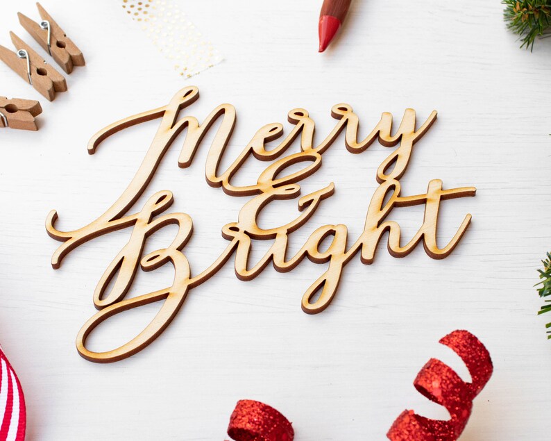 Wall Decor Wreath Supplies Merry and Bright Script Wood Word Cutout Unfinished Christmas Words Wood Holiday DIY Project