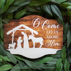 Nativity Christmas Wreath Sign - O Come let us Adore Him - Wood Nativity Sign - Jesus is the Reason - Christian Christmas Wreath