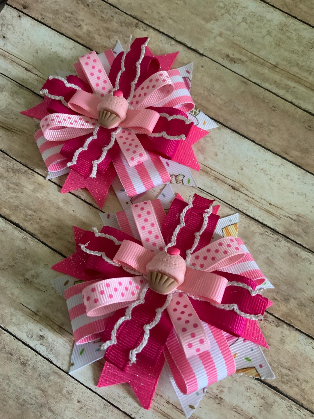 Pink White Colors Cupcakes Loopy Birthday Hair Bows Set - Etsy