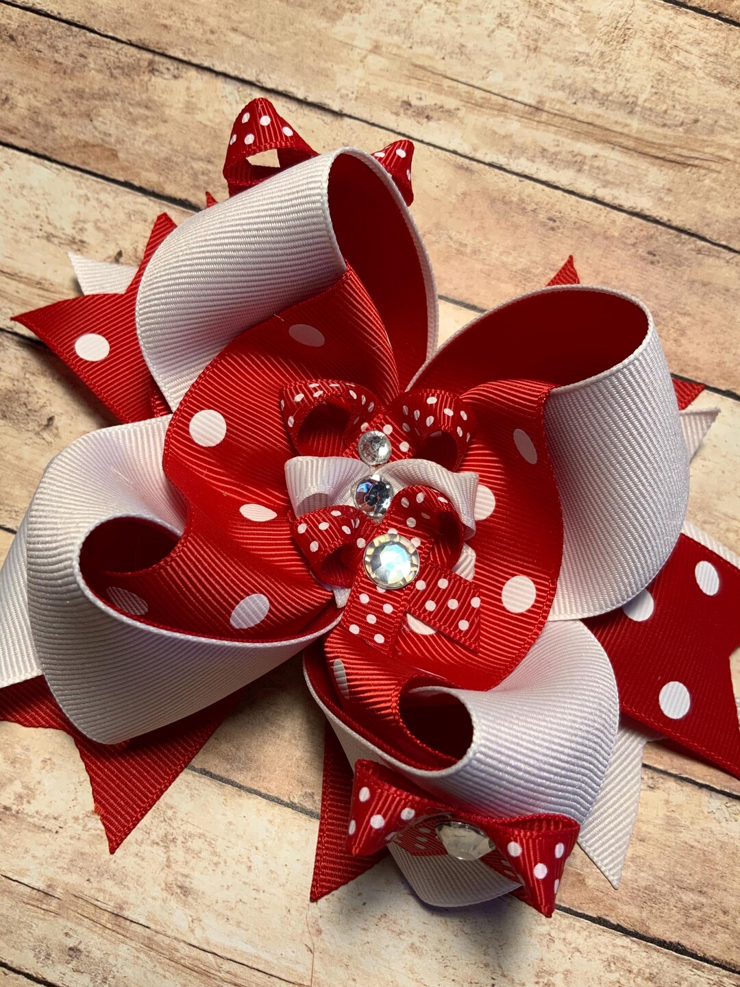 Red White Polka Dot Boutique Hair Bow With Rhinestone Center Triple ...