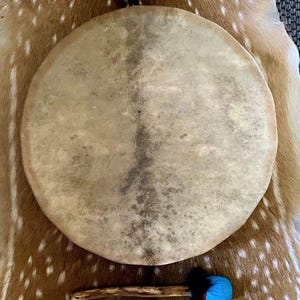 Può includere: Un tamburo rotondo marrone chiaro con una superficie in pelle naturale. Una bacchetta di legno con una testa imbottita blu e nera è appoggiata sotto il tamburo. Il tamburo è appoggiato su una pelle maculata marrone e bianca.