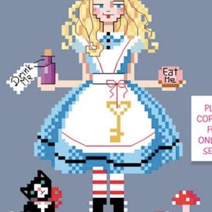 May include: A pixel art illustration of a girl in a blue dress holding a bottle and a cake, with the words "Drink Me" and "Eat Me." A black cat, a butterfly, and mushrooms are also featured. The girl's dress has a key on it.
