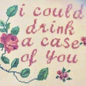 May include: A white cross-stitch embroidery with pink flowers and the text "I could drink a case of you".