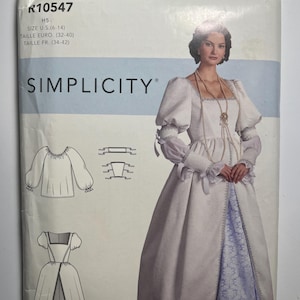 May include: Simplicity costume pattern R10547. The pattern includes a long white dress with a light blue floral patterned underskirt, long sleeves, and a square neckline. The pattern also includes a top and a bodice.