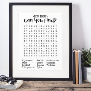 Chiropractic word search poster, chiropractic art, chiropractic office wall art, chiropractic, chiropractor